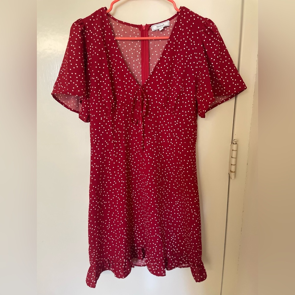 RIHOAS Red Polka Dot V-Neck Short Sleeve Dress